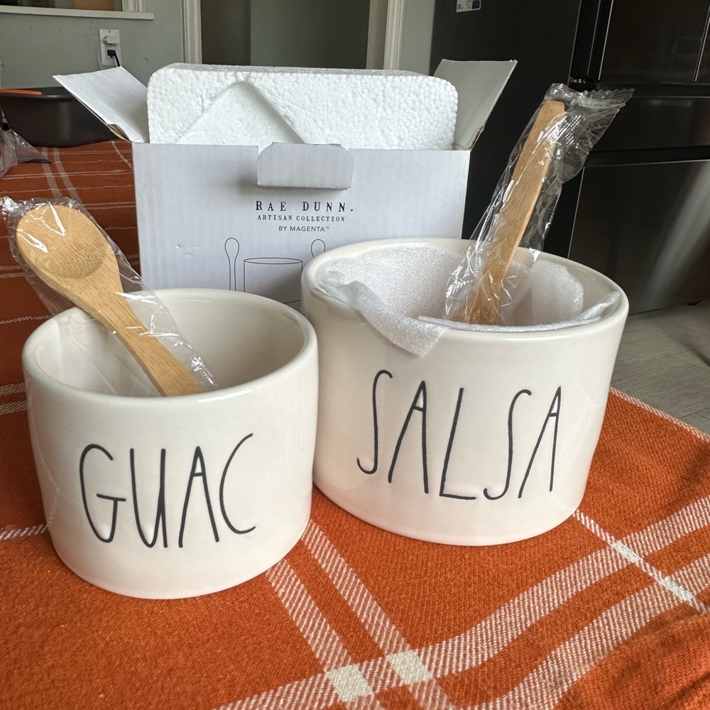 Rae Dunn White Guac & Salsa Bowls with Wooden Spoons
